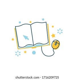 E-book, internet education, online library, book with computer mouse, electronic communication, medica service, digital encyclopedia reading, university teaching and learning on distance. Vector art