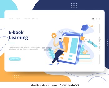 E-book Learning Illustration,the concept of E-Learning Education, can be used for landing pages, web, ui, banners, templates, backgrounds, flayer, posters, development.