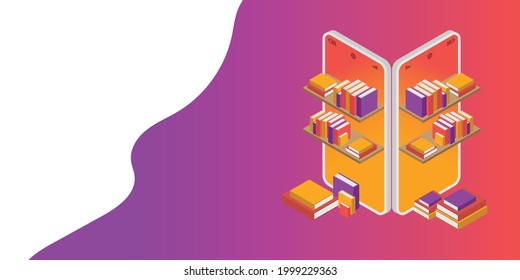 E-book and library online concept. Isometric mobile or smartphone with books on a wooden shelf. Use for web banners, infographics. Online trainer and learning knowledge.  