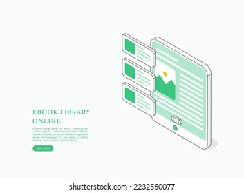 Concepto en línea de la biblioteca de libros electrónicos. Leyendo Libros En Línea. Ilustración isométrica vectorial.