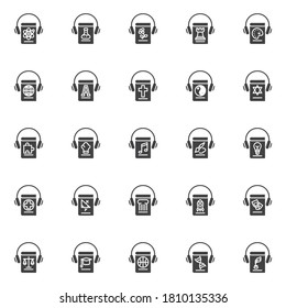 Ebook library vector icons set, modern solid symbol collection, filled style pictogram pack. Signs, logo illustration. Set includes icons as e-learning, online book listening, chemistry science, math