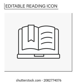 E-book line icon. Electronic book reader. Digital file with text and pictures. Modern device.Reading concept. Isolated vector illustration. Editable stroke