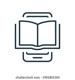 Ebook Line Icon on Mobile Phone. Electronic Book Device for Education and Learning. E-book Reader, E-reader linear icon. Smartphone with Open Ebook pictogram. Editable stroke. Vector illustration.