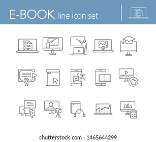 E-book line icon set. Tablet computer, device, information. Education concept. Can be used for topics like reading, studying, self-development