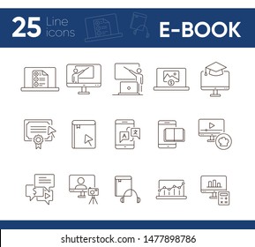 E-book line icon set. Tablet computer, device, information. Education concept. Can be used for topics like reading, studying, self-development