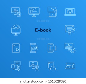 E-book line icon set. Tablet computer, device, information. Education concept. Can be used for topics like reading, studying, self-development