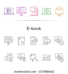E-book line icon set. Tablet computer, device, information. Education concept. Can be used for topics like reading, studying, self-development