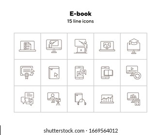 Juego de iconos de línea de libro electrónico. Equipo, dispositivo e información de Tablet PC. Concepto de educación. Se puede usar para temas como lectura, estudio, autodesarrollo