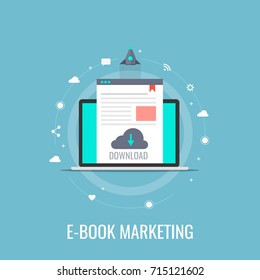 E-book Marketing, Content Marketing, Ebook Download Flat Design Vector Isolated On Blue Background