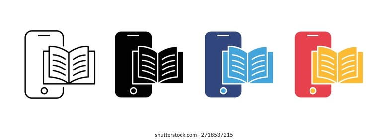 Ebook and mobile reading icon set depicting digital literature on a smartphone isolated on white background, Vector