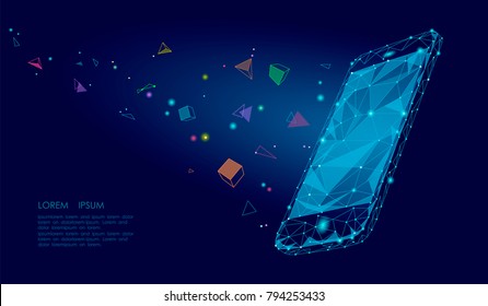 E-book mobile smartphone 3d virtual reality visual imagination mind effect. Low poly polygonal geometric shapes. Creative e-learning reading electronic touch screen blue media vector illustration