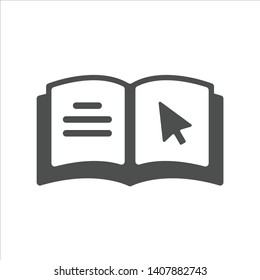 eBook with mouse cursor arrow and lines. open book vector icon isolated on white background. study and education, self education, reeding web icon for mobile and ui design