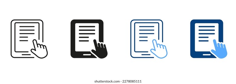 Ebook With Mouse Pointer Silhouette and Line Icon Set. Electronic Book Device for Education and Learning. E-Book Reader, E-reader Color Sign Collection. PC Tablet. Isolated Vector Illustration.