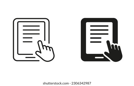 Ebook With Mouse Pointer Silhouette and Line Icon Set. Electronic Book Device for Education and Learning. E-Book Reader, E-reader Black Sign Collection. PC Tablet. Isolated Vector Illustration.