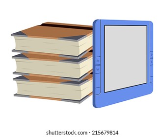 E-book on the background of a printed book