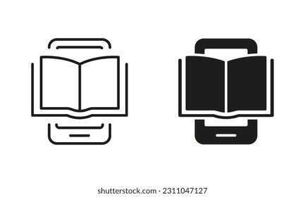 Ebook on Mobile Phone Silhouette and Line Icon Set. Dispositivo de libro electrónico para educación y aprendizaje. Lector de libros electrónicos, Signo negro de lector electrónico. Smartphone con Open Ebook. Ilustración aislada de vectores.