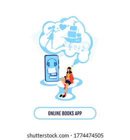 Ebook sobre novedosa ilustración vectorial de concepto plano. Escuche al audiobook romántico. Frases de aplicación de libros en línea. Lector de dibujos animados 2D personaje para diseño web. Idea creativa de podcast de entretenimiento