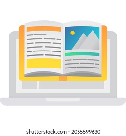 E-Book auf Vektorgrafik-Laptop-Symbol einzeln auf weißem Hintergrund. Konzept der elektronischen Bibliothek Schulunterricht, E-Learning. Wissen und Computertechnologie