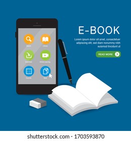 E-book Online Education Application learning on phone, mobile, website. With blank book cover white paper open on background. Vector illustration.