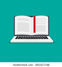 E-book. Online learning. Laptop with open book front view. Vector illustration in trendy flat style.	