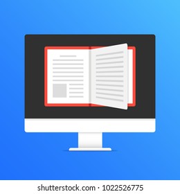 E-book. Online library. Computer with open book on screen. Modern flat design graphic elements. Vector illustration