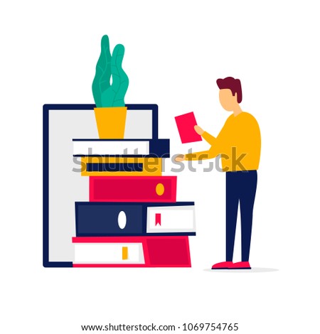 E-book, online library. Education, reading books. Flat style vector illustration.