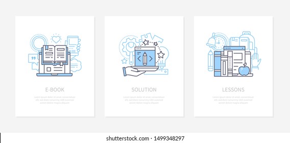 E-book, online tutorial for e-learning concept icons set