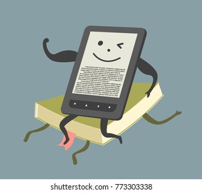 E-book overcame paper book, comic vector illustration