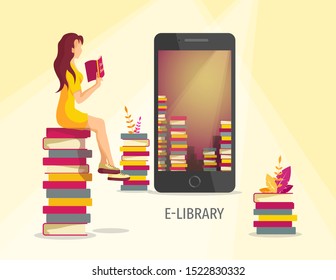 E-book reader apps, E-library, book lovers concept. Mobile phone ebook reader application, piles of books and woman reading book. Vector illustration for poster, banner, cover, presentation, brochure.