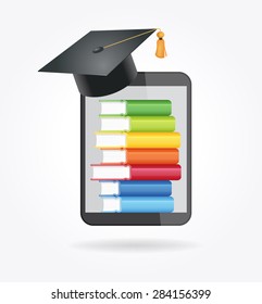 E-book reader with books and academic cap. The concept of e-learning. File is saved in AI10 EPS version. This illustration contains a transparency