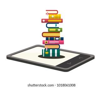 E-book Reader with Books Pile. Vector Illsutration Isolated on White Background.