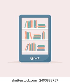 E-book reader with bookshelves on the screen. Flat vector illustration
