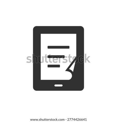 Ebook reader with document icon. Digital reading and electronic book concept. Monochrome black and white symbol