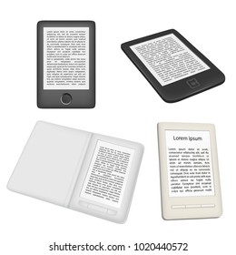 E-book reader or e-reader vector icon set. Realistic illustration isolated on white background. Portable electronic device template design.