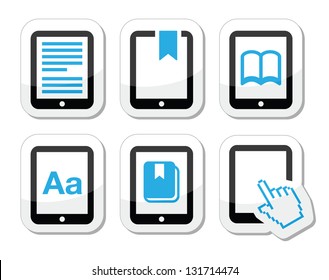 E-book reader, e-reader vector icons set