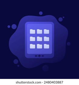 ebook reader, folders with books, library vector icon