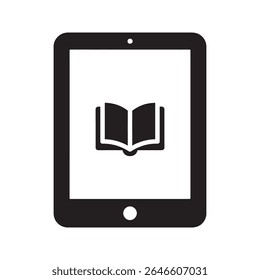 E-book reader icon on a tablet screen for a digital library representing online education and electronic reading technology for learning vector solid glyph icon