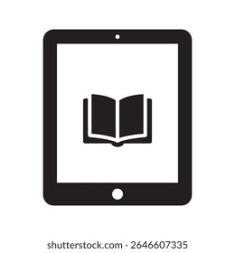 E-book reader icon on a tablet screen for a a digital library representing online education and electronic reading technology for learning vector solid glyph icon