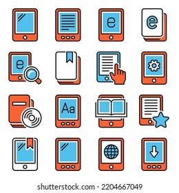Iconos de lector de libros electrónicos en fondo blanco. Ilustración del vector