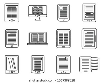 Ebook reader icons set. Outline set of ebook reader vector icons for web design isolated on white background