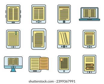 Ebook reader icons set. Outline set of ebook reader vector icons thin line color flat on white