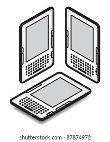 eBook Reader (large) with QWERTY keypad, in three orientations.