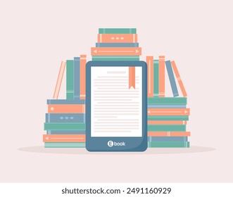 E-book reader surrounded by stacks of books, flat vector illustration