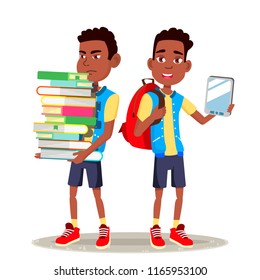 E-Book Reader Vector. Boy, Afro American Child. Contemporary Education. Paper Book VS E-book. Isolated Flat Cartoon Illustration
