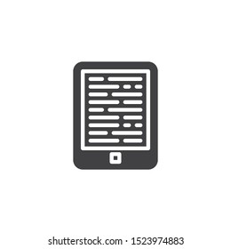 E-book reader vector icon. filled flat sign for mobile concept and web design. Electronic book reader tablet glyph icon. Symbol, logo illustration. Vector graphics