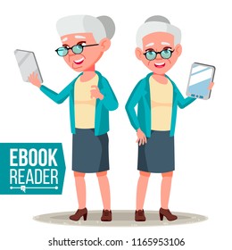 E-Book Reader Vector. Old Woman. Electronic Gadget. Mobile Library. Digital Tablet. Isolated Flat Cartoon Illustration
