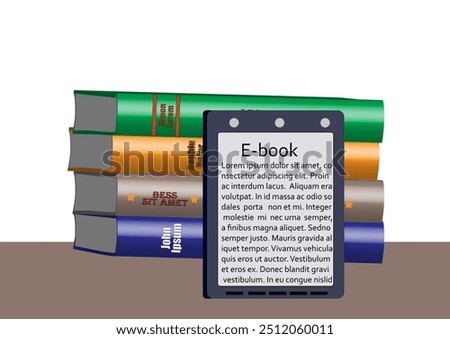 Ebook reader vs paper books. Vector illustration.