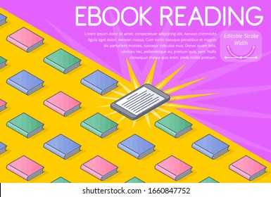 The eBook reading concept vector Illustration. A lot of books, electronic wireless reader. 3d line isometric pattern. 