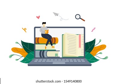 e-book, reading an ebook, e-library, modern media book library on large laptop concept with small people vector flat illustration, suitable for background, banner, advertising illustration