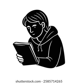 E-book reading on-tablet silhouette vector